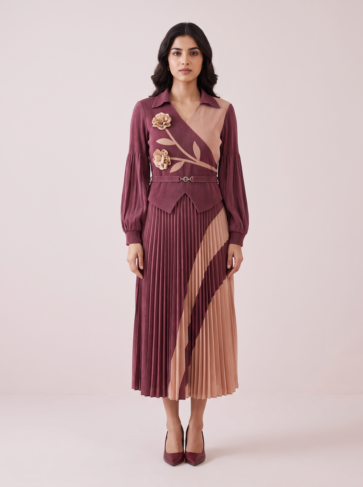 Two-Tone Floral Appliqué Pleated  Dress