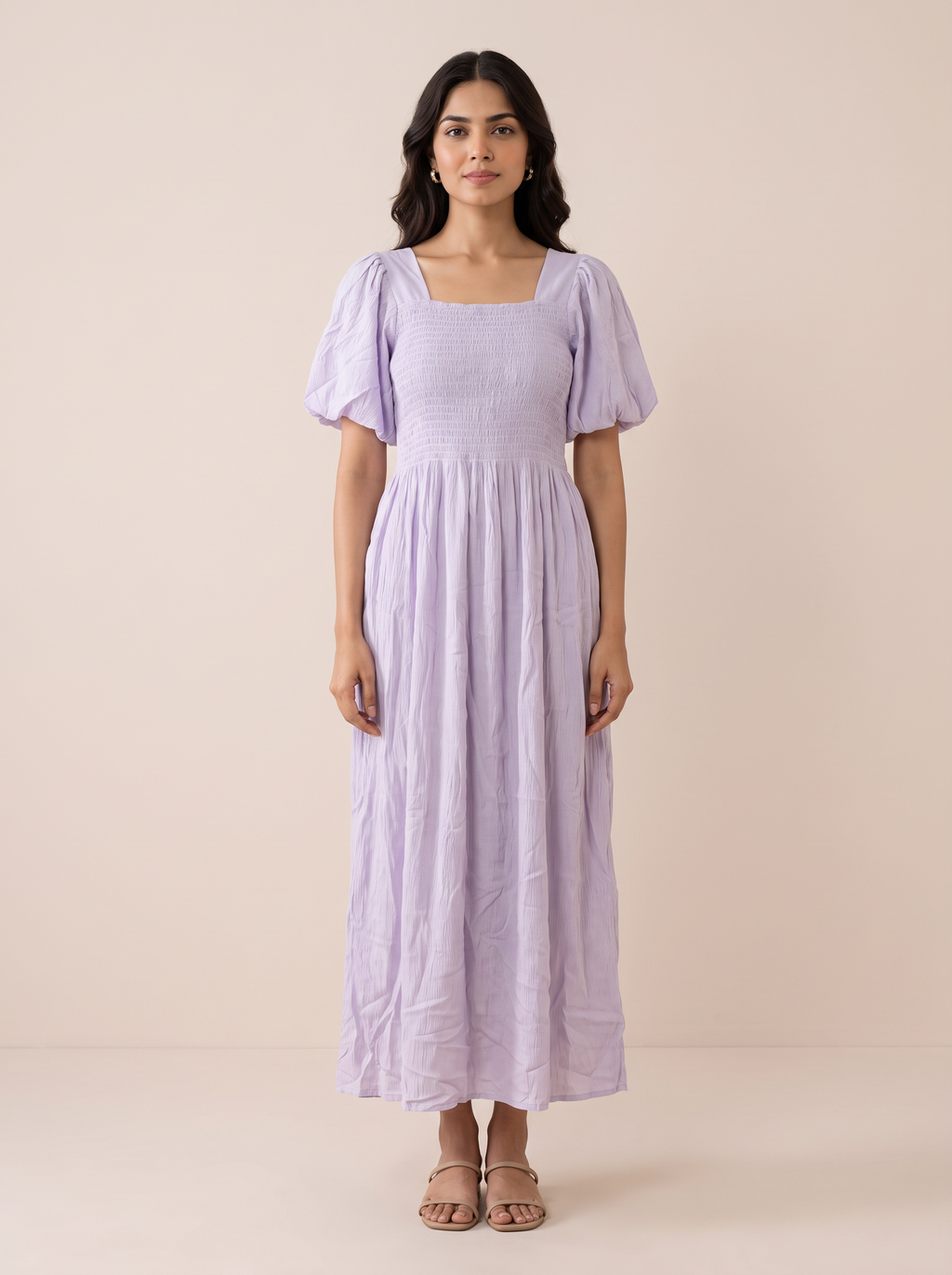 Lilac Smocked Puff-Sleeve Maxi Dress