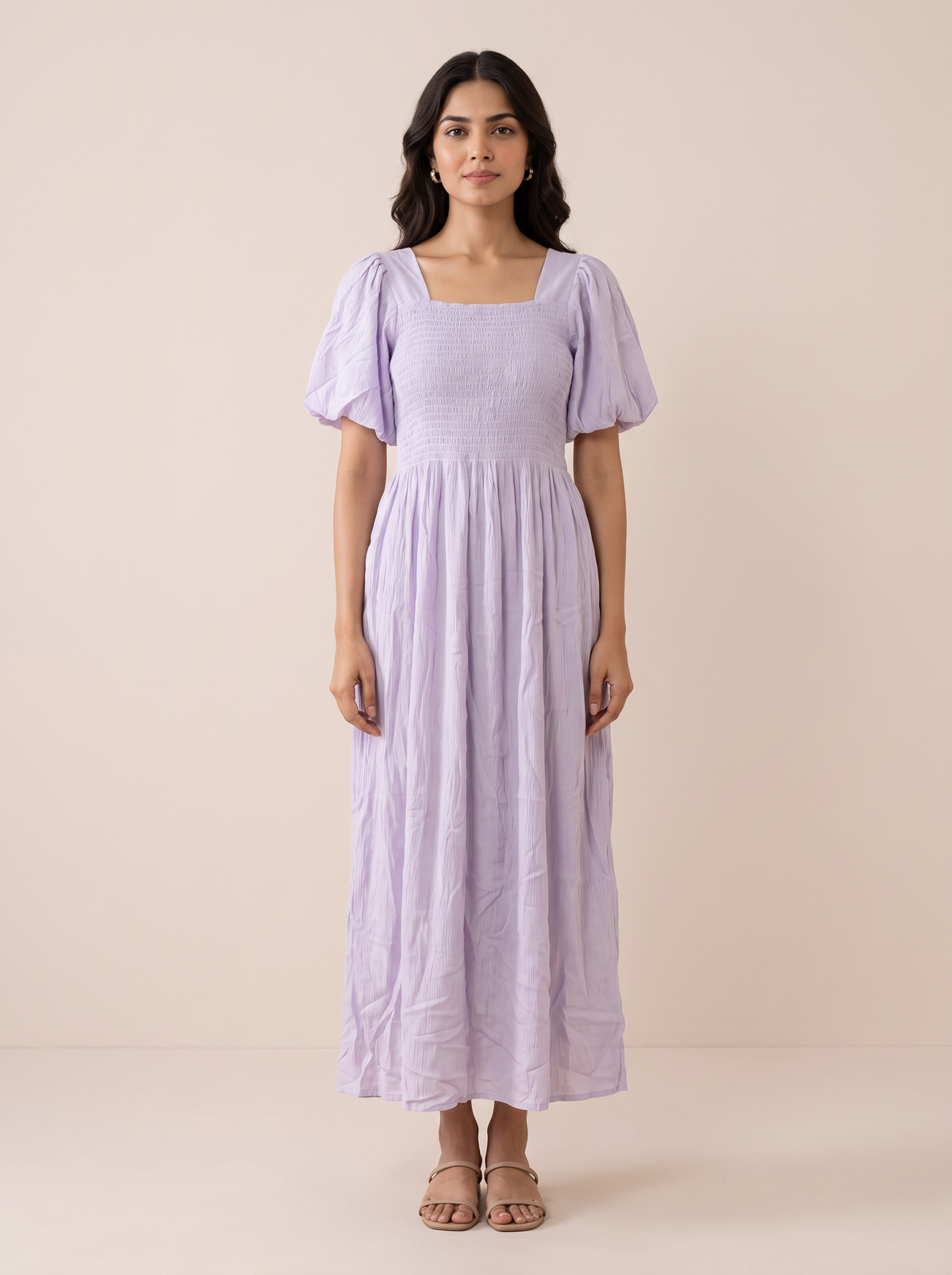 Lilac Smocked Puff-Sleeve Maxi Dress