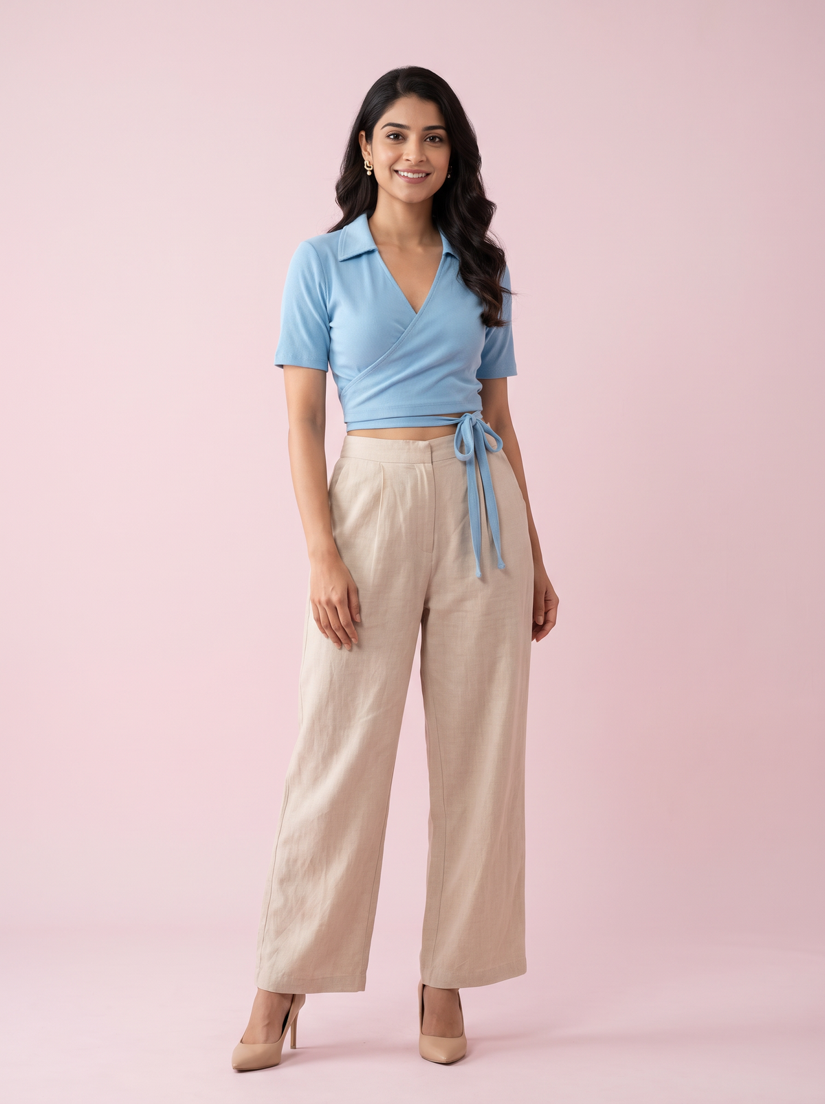 The Sky Blue Collared Wrap Crop Top