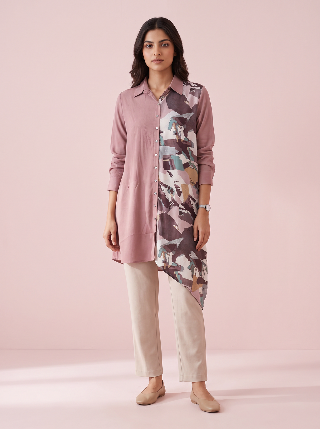 Dusty Mauve Colorblock Asymmetric Tunic Shirt