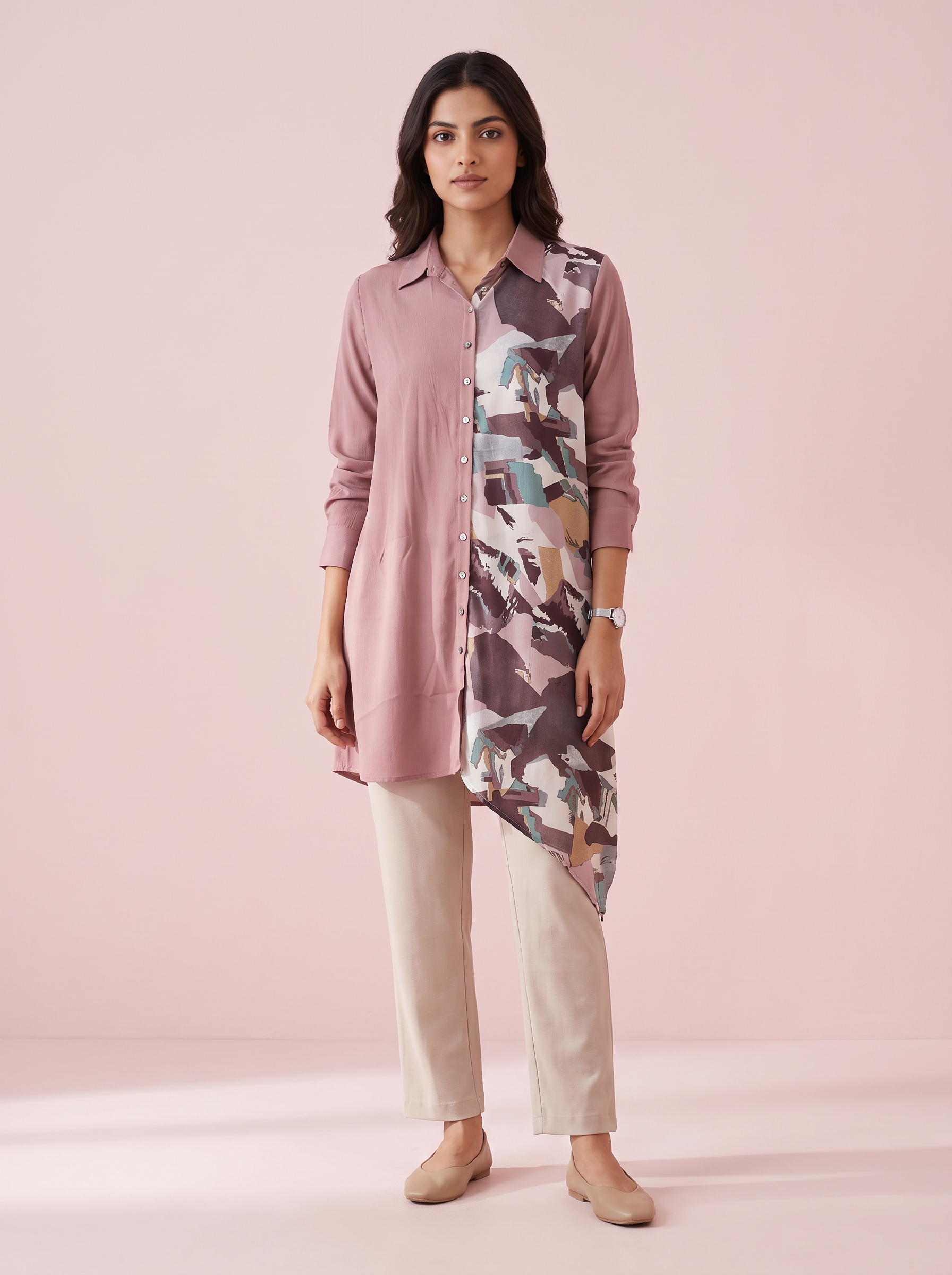 Dusty Mauve Colorblock Asymmetric Tunic Shirt