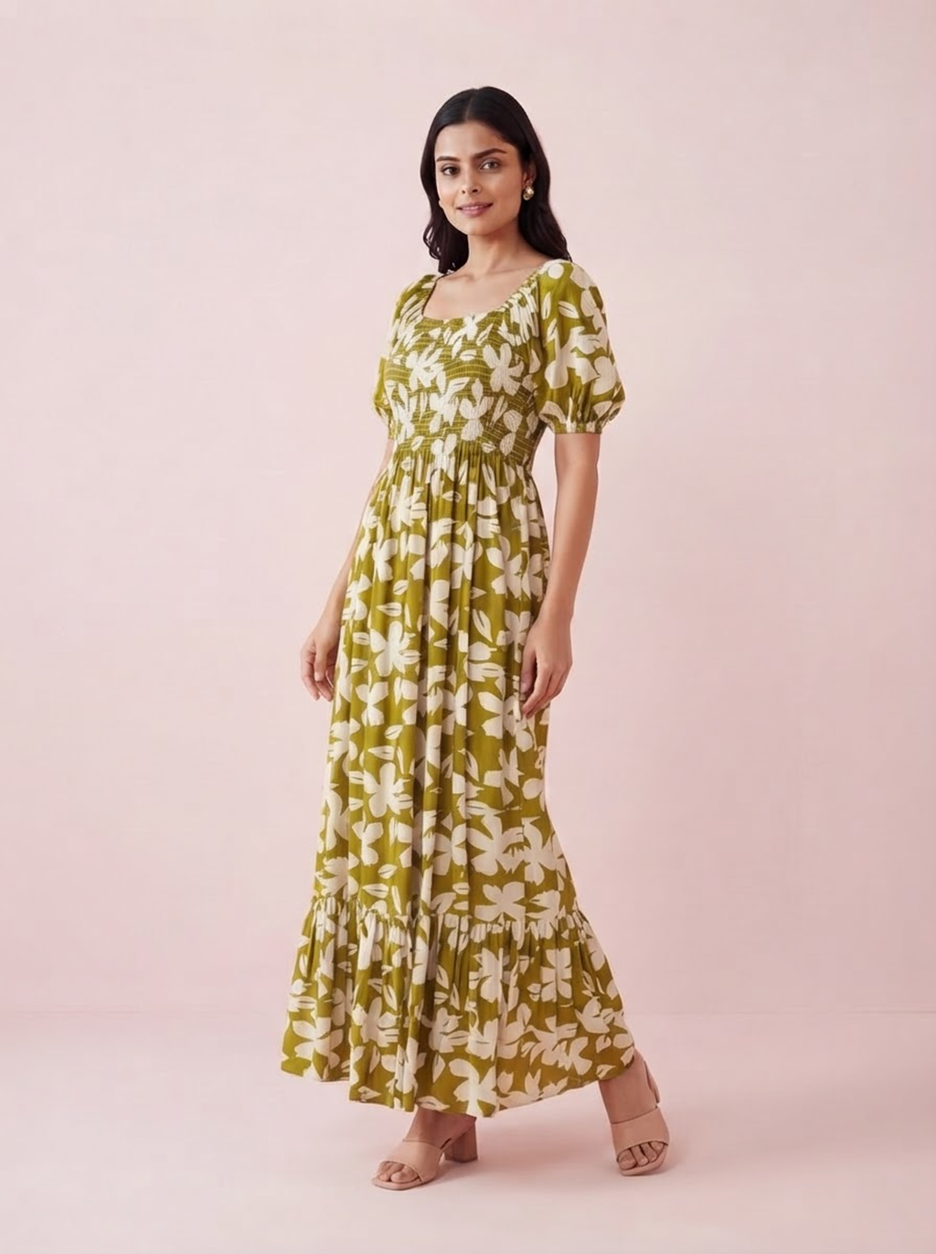 Olive Green Floral Smocked Maxi Dress