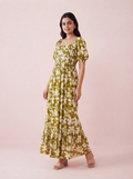 Olive Green Floral Smocked Maxi Dress