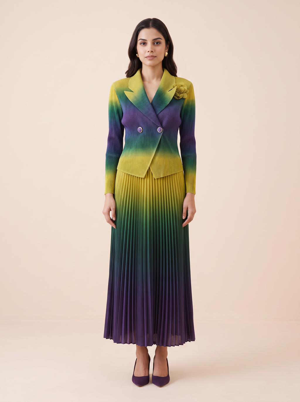 Ombre Double-Breasted Pleated Dress