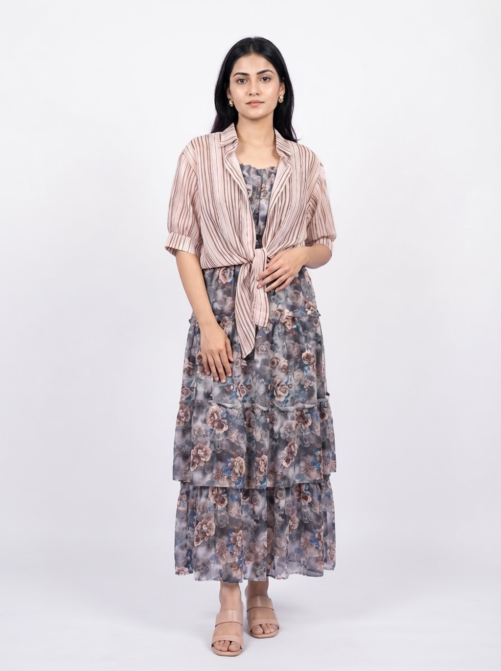 Midi Dress with Striped Tie-Front Shrug Set