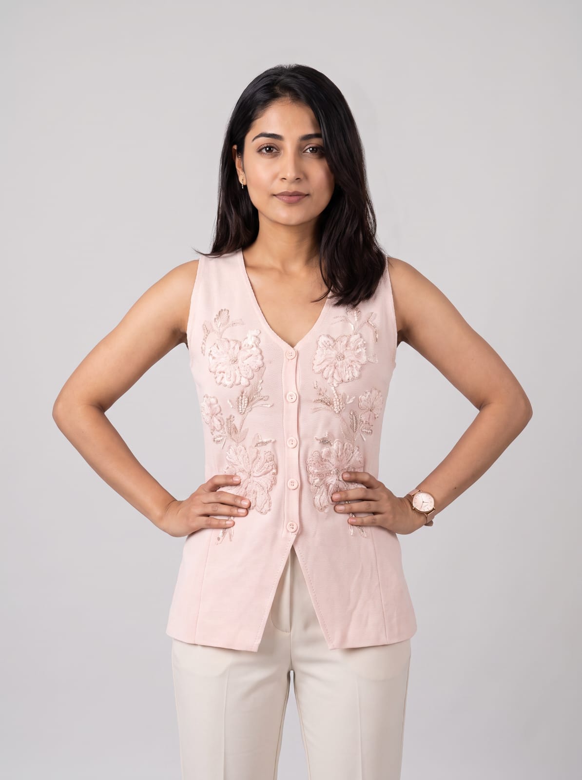 Blush Floral Embroidered Tailored Vest