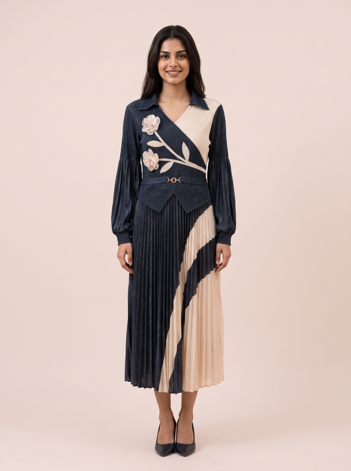 Two-Tone Floral Applique Pleated Dress