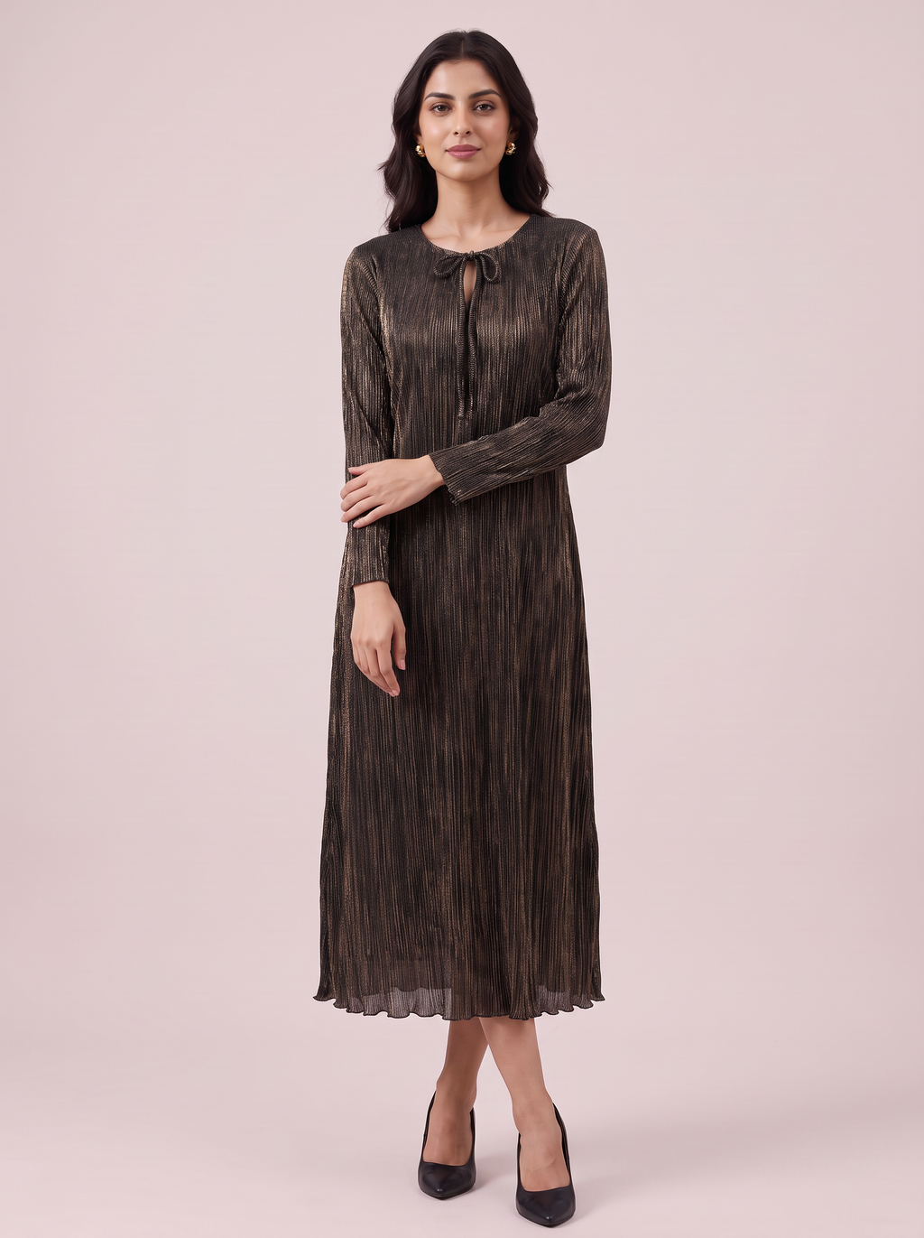 Metallic Bronze Plissé Long-Sleeve Midi Dress