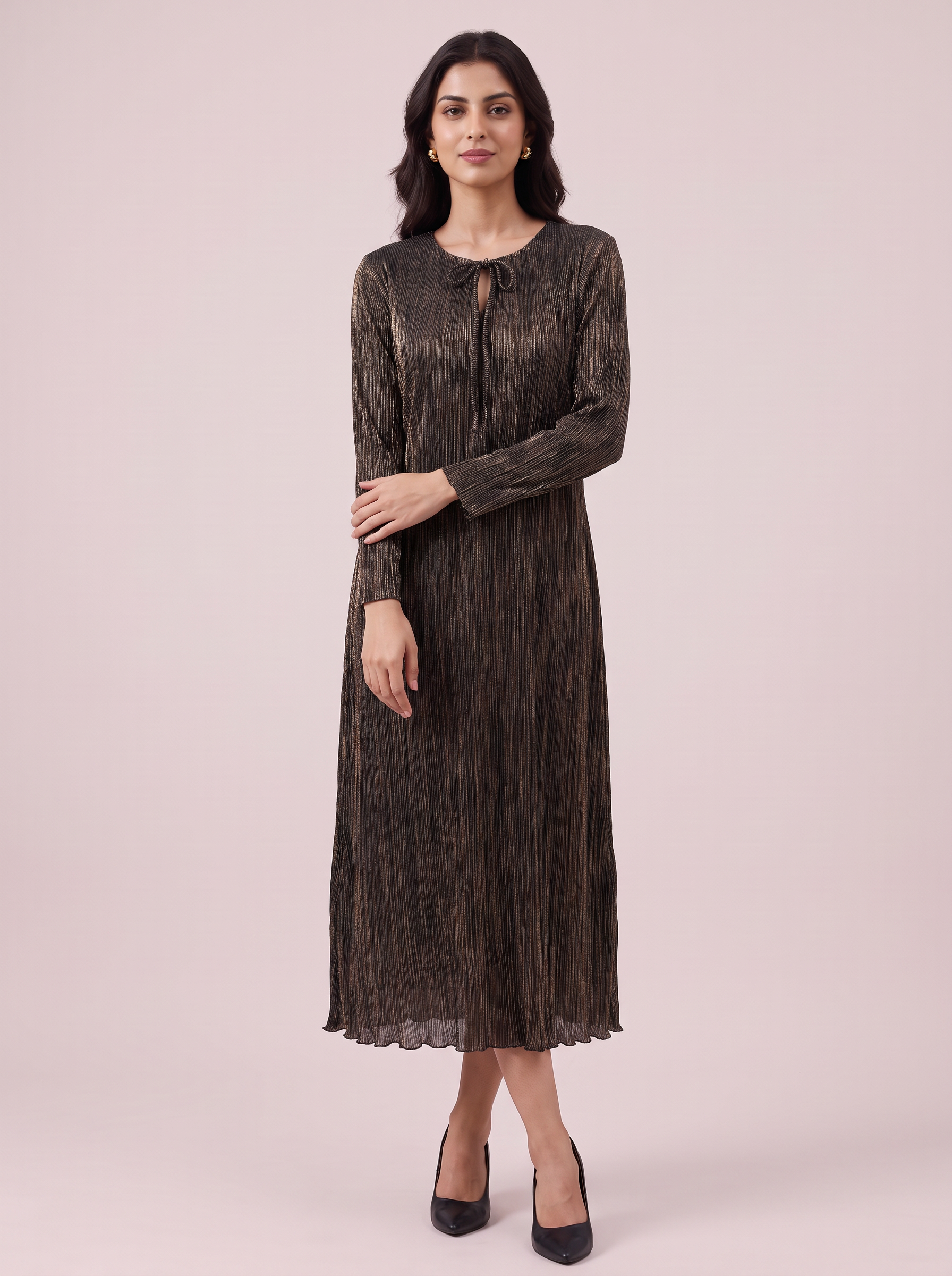 Metallic Bronze Plissé Long-Sleeve Midi Dress