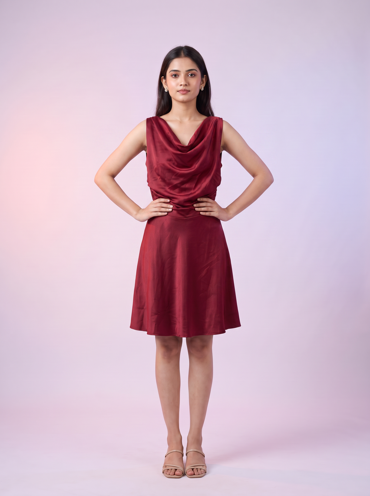 Neck Satin A-Line Skater Dress