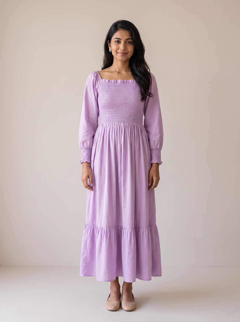 Lilac Smocked Long-Sleeve Tiered Maxi Dress
