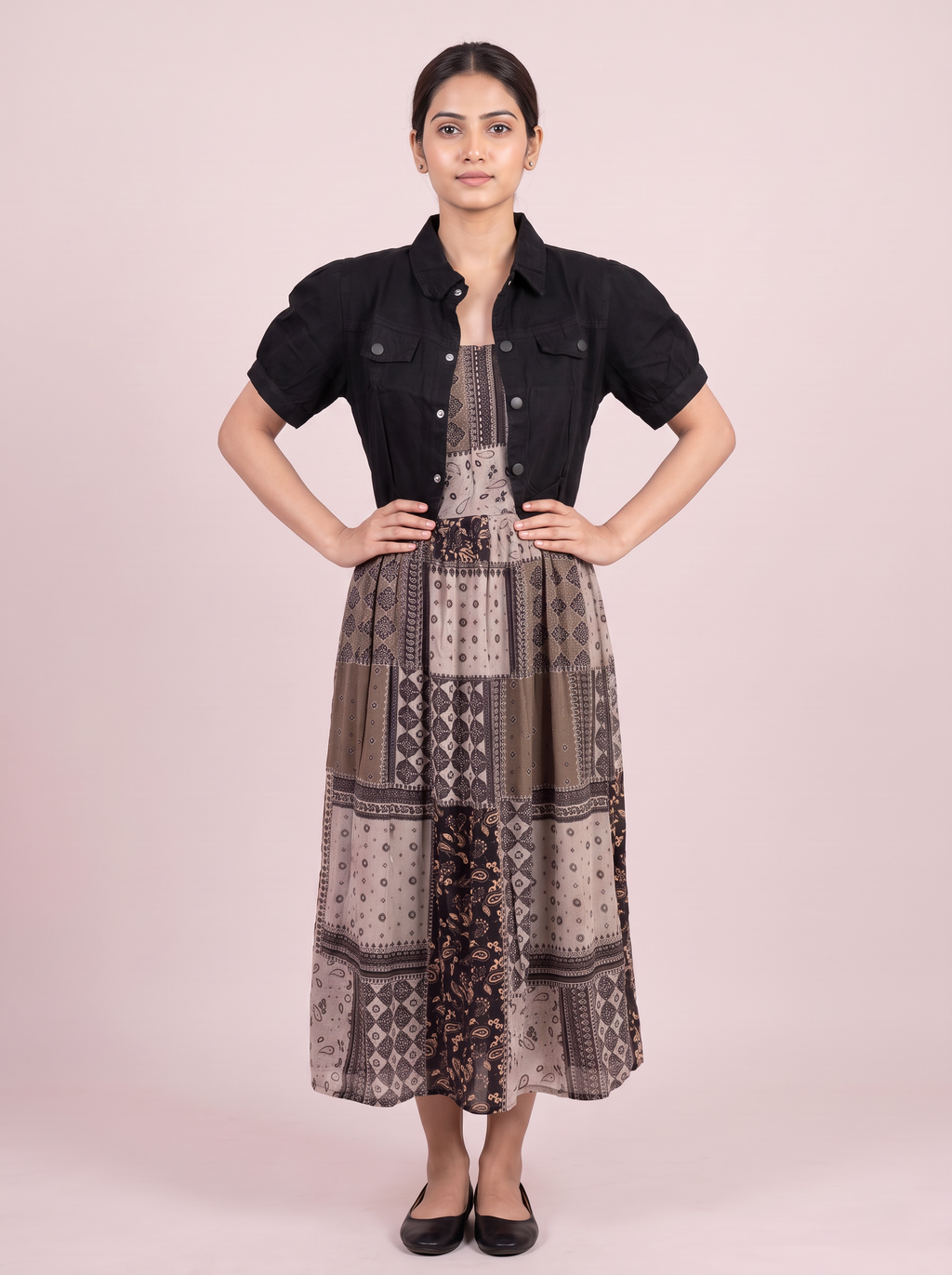 Print Midi Dress with Cropped Black Jacket Set