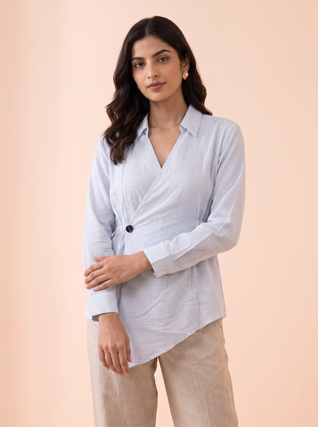 Sky Gingham Asymmetric Wrap Shirt