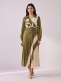 Two-Tone Floral Applique Pleated Dress