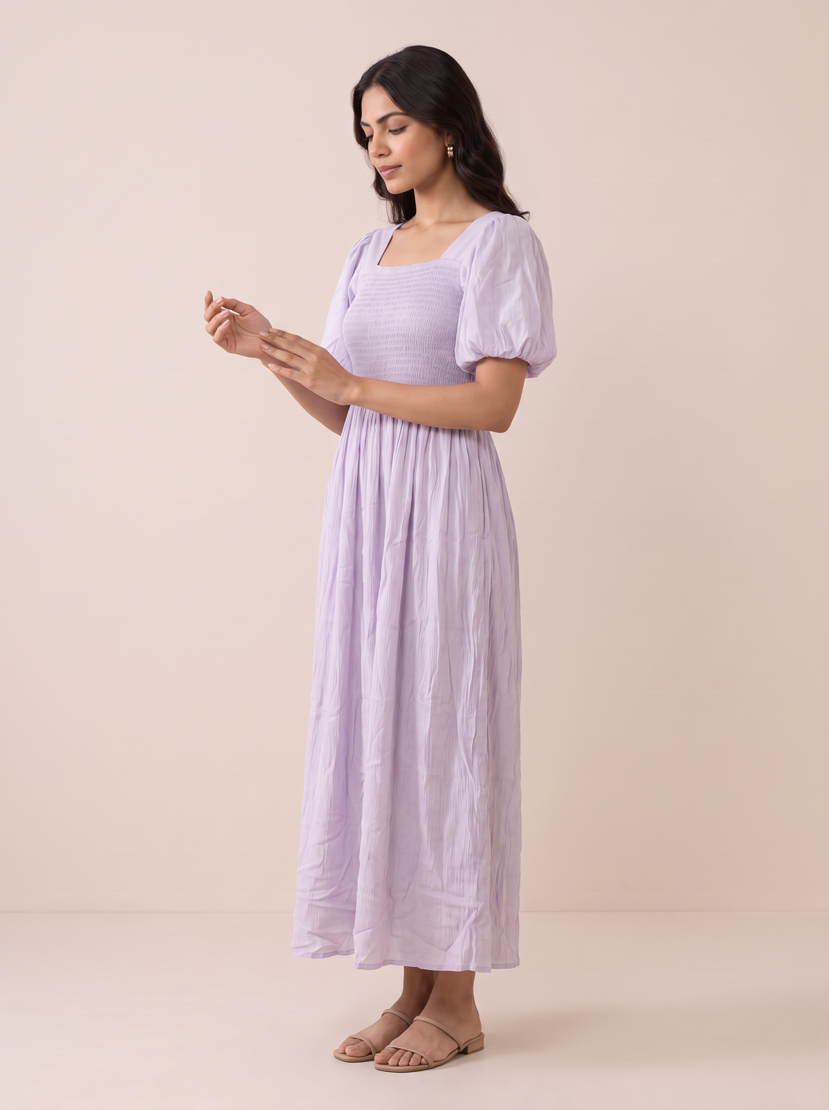Lilac Smocked Puff-Sleeve Maxi Dress