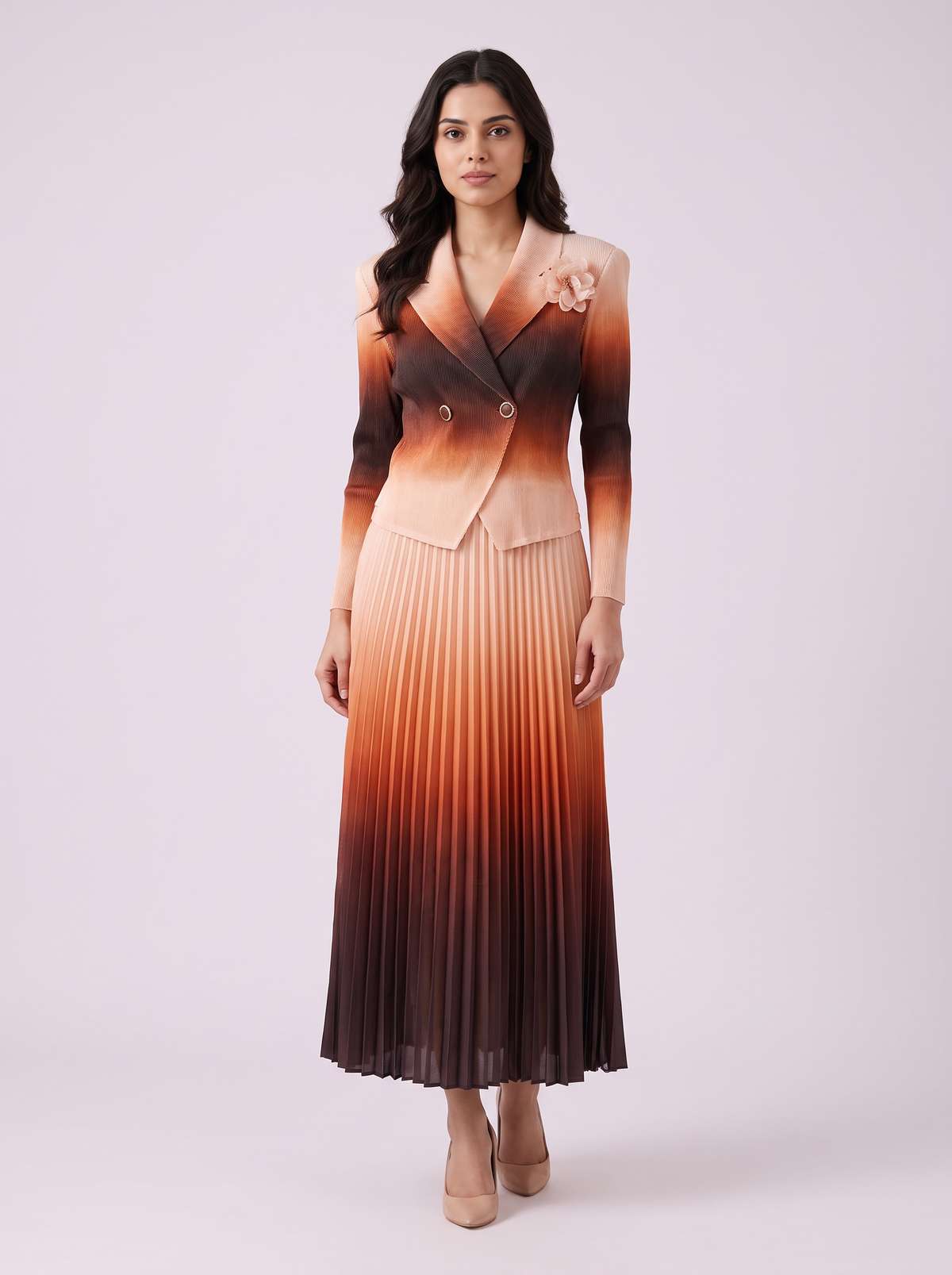 Ombre Double-Breasted Pleated Dress