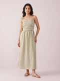 Olive Striped Tie-Shoulder Midi Dress