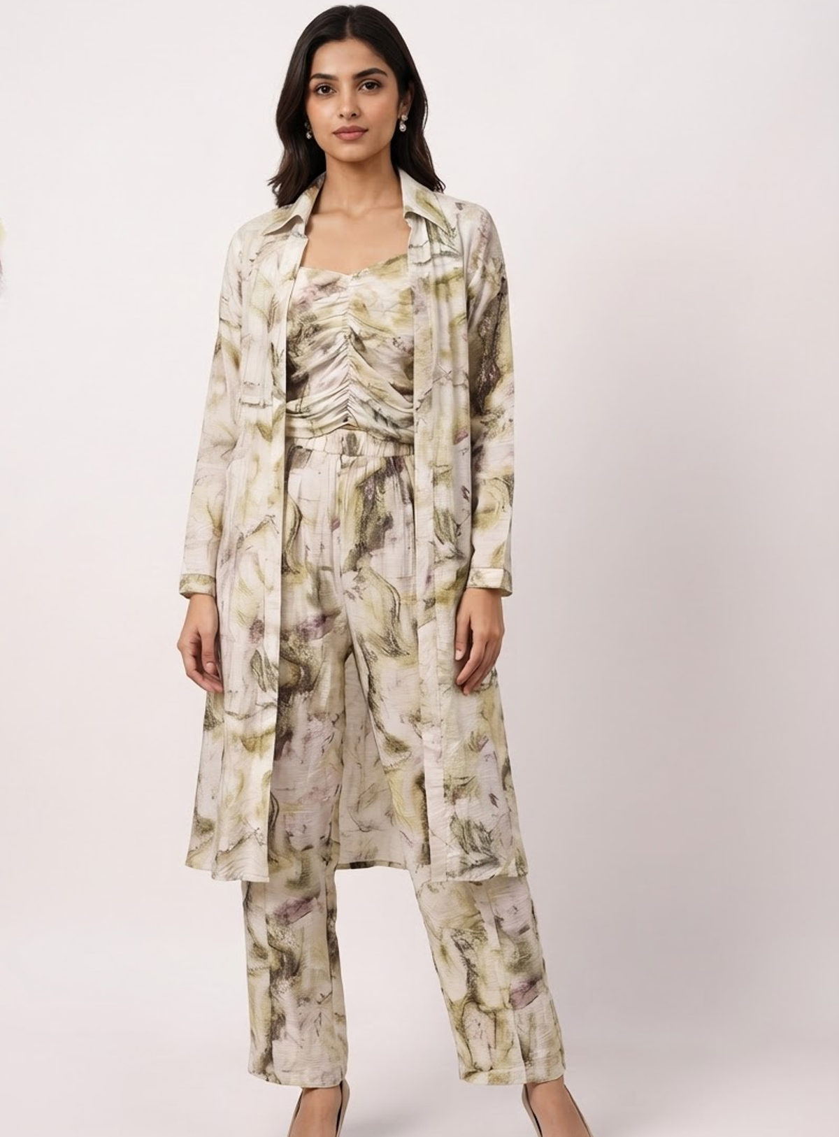 Olive Abstract Watercolor 3-Piece Co-ord Set