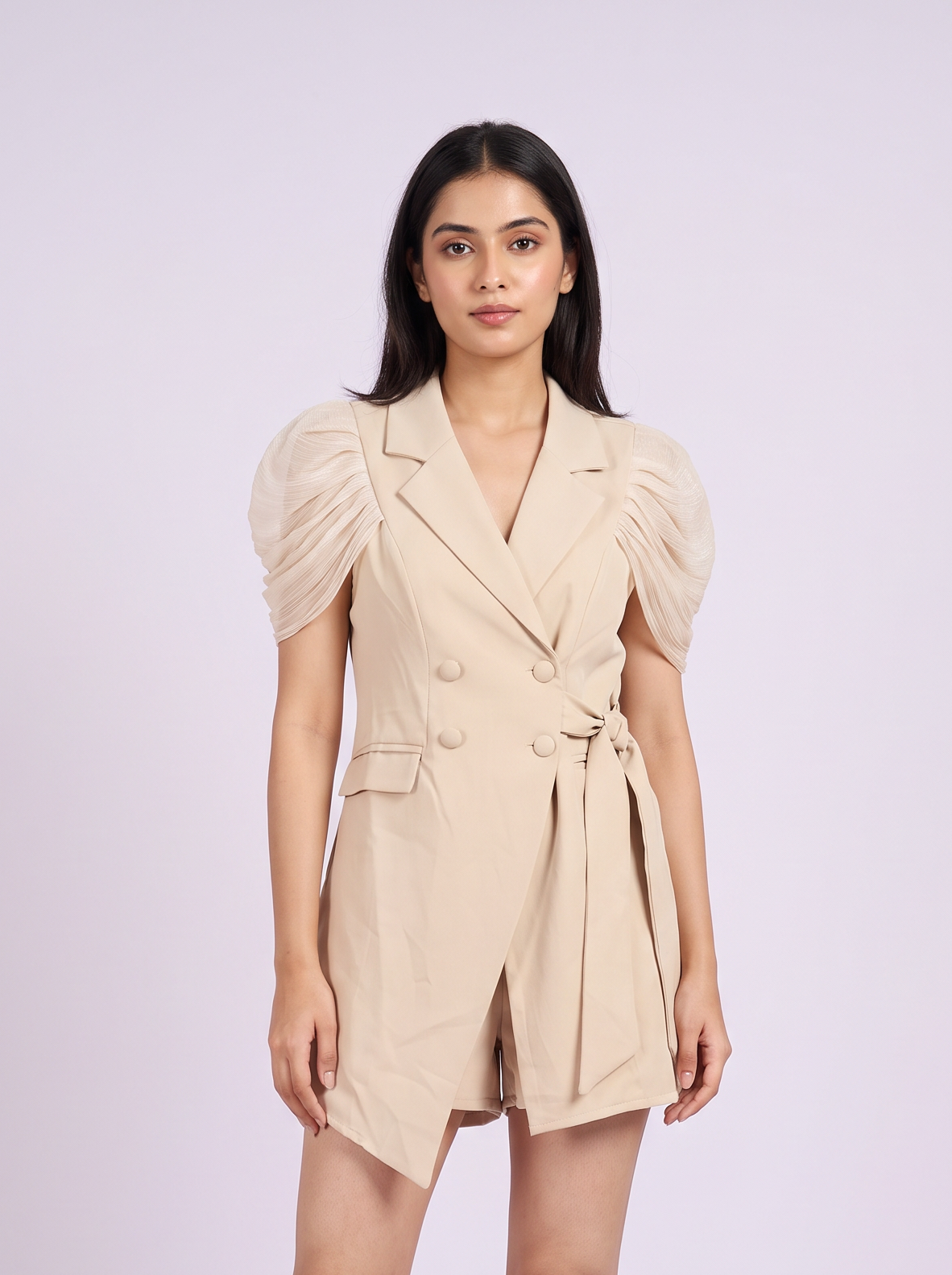 Blazer Romper with Sheer Ruched Sleeves