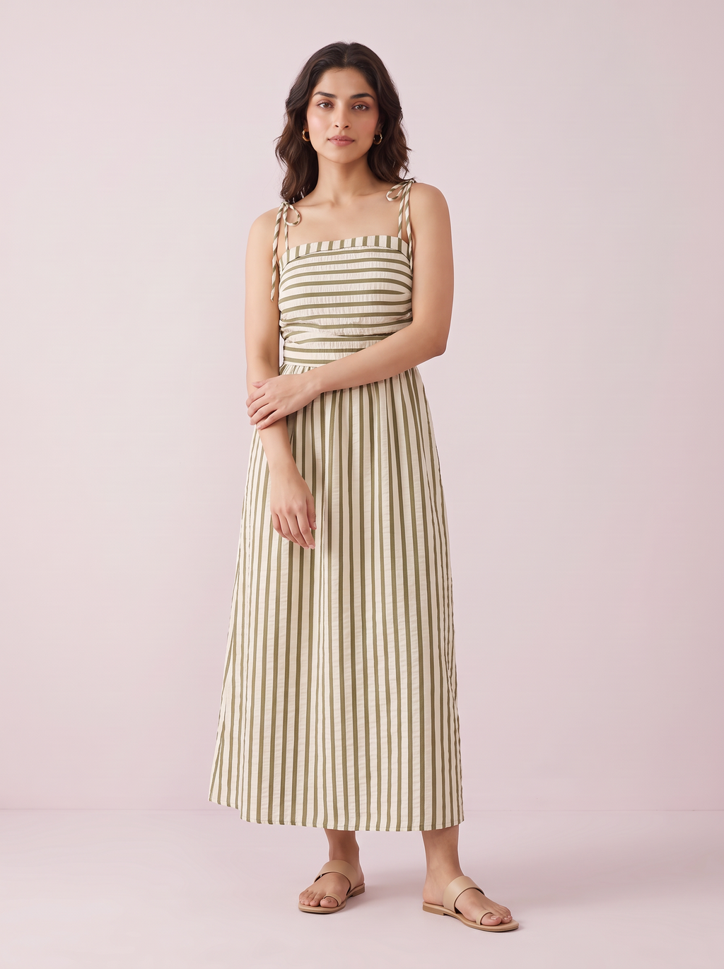 Olive Striped Tie-Shoulder Midi Dress