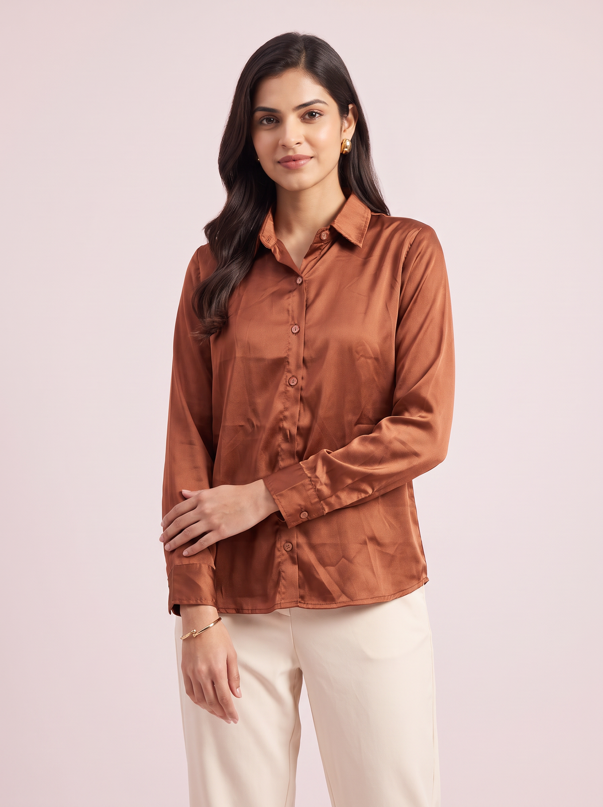 Copper Glow Satin Button-Down Shirt