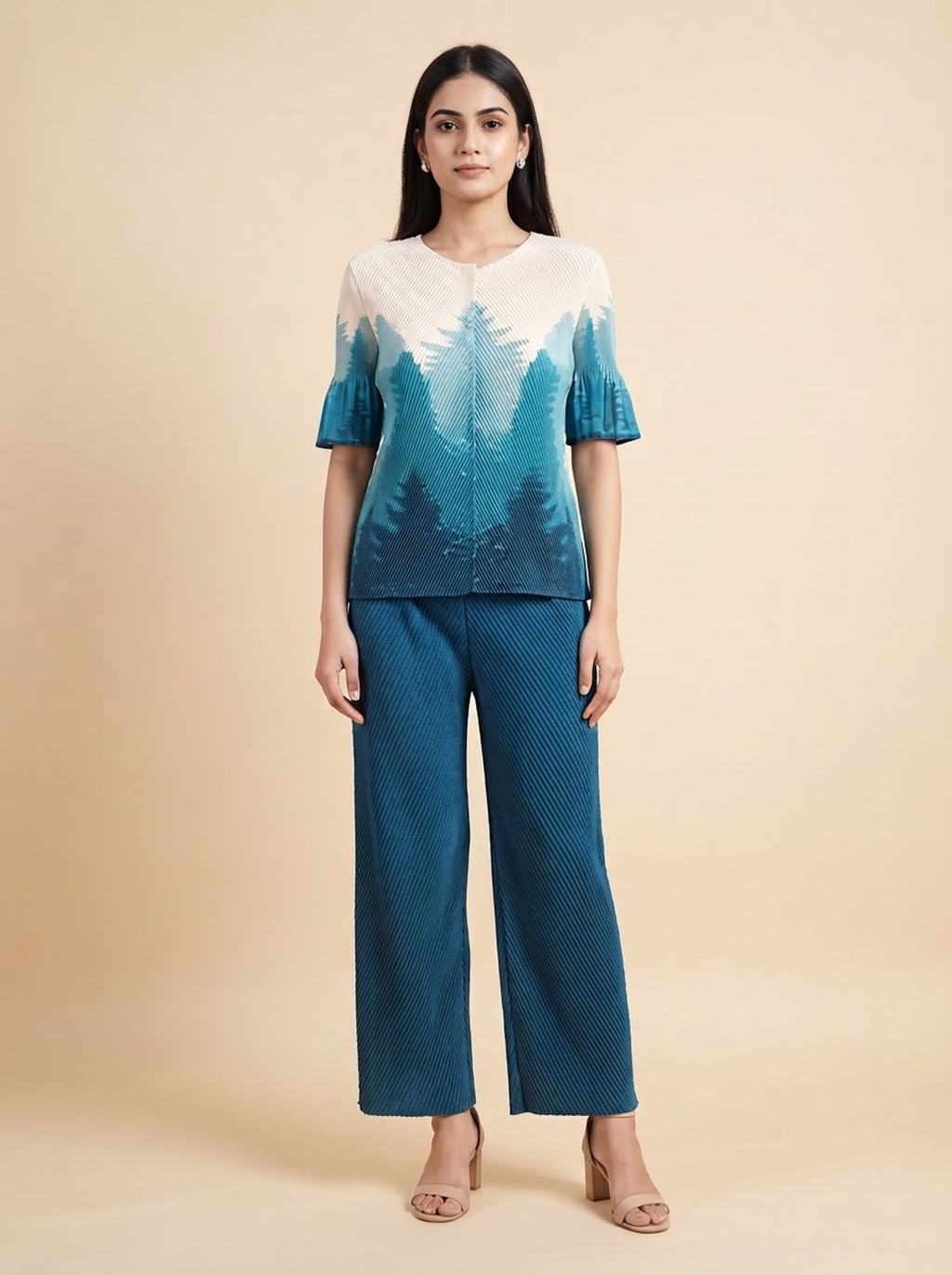 Teal Ombre Scenic Landscape Pleated Co-ord Set
