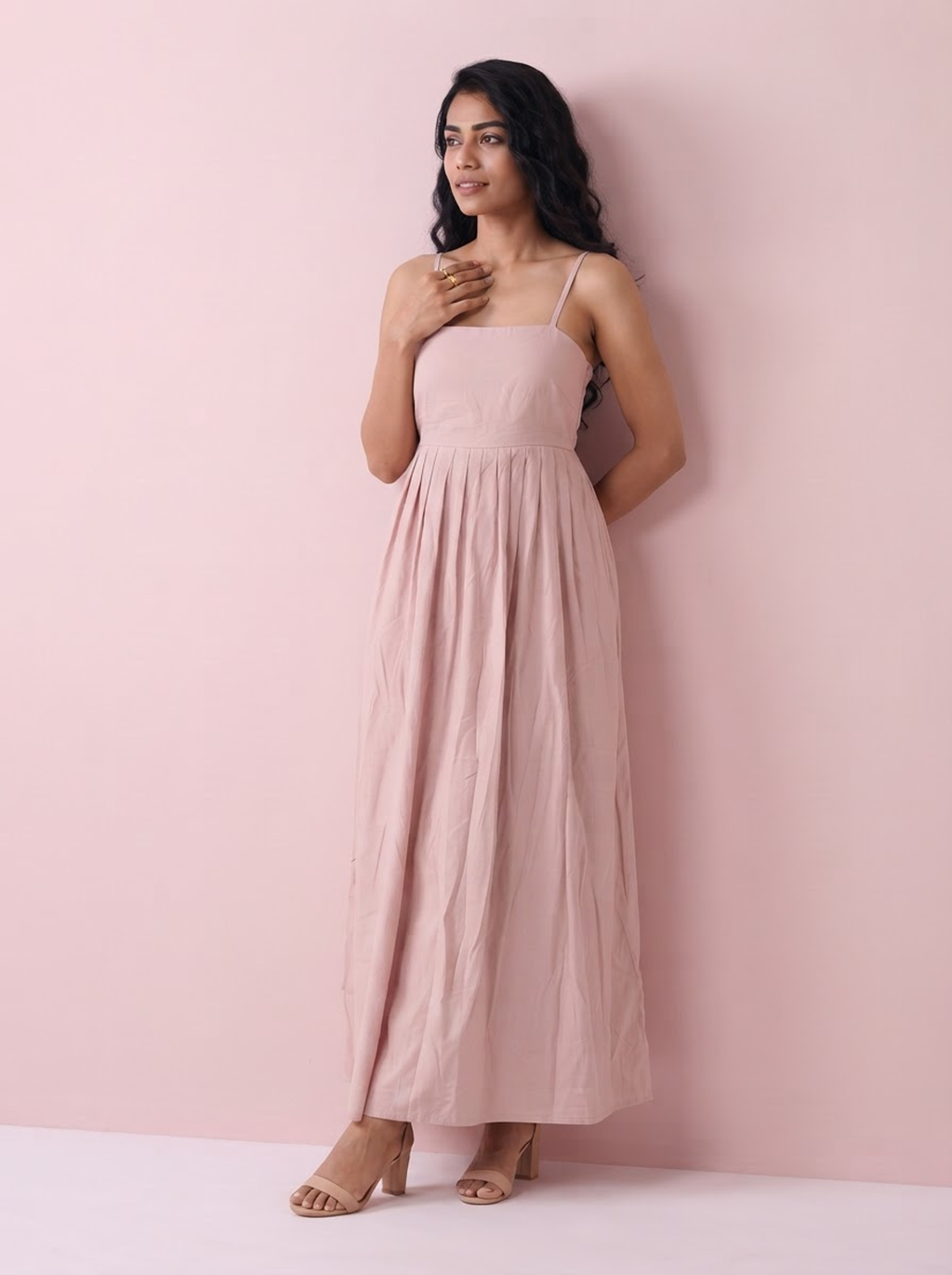 Blush Pink Pleated Strappy Maxi Dress