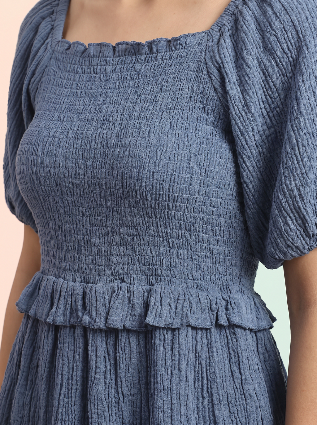 Slate Blue Smocked Peplum Top