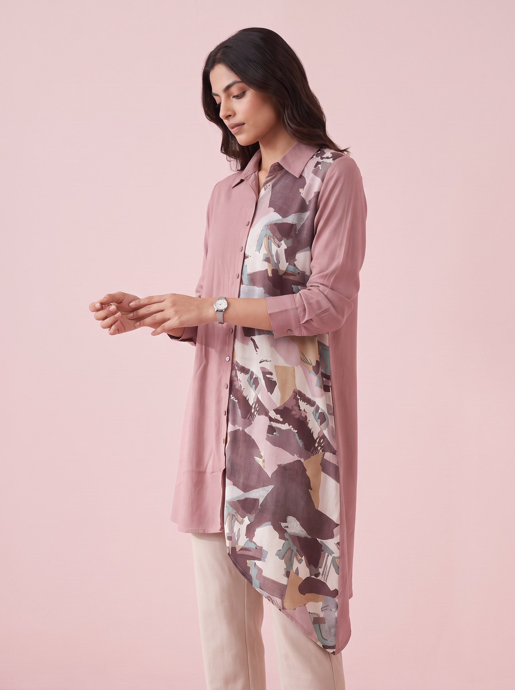 Dusty Mauve Colorblock Asymmetric Tunic Shirt