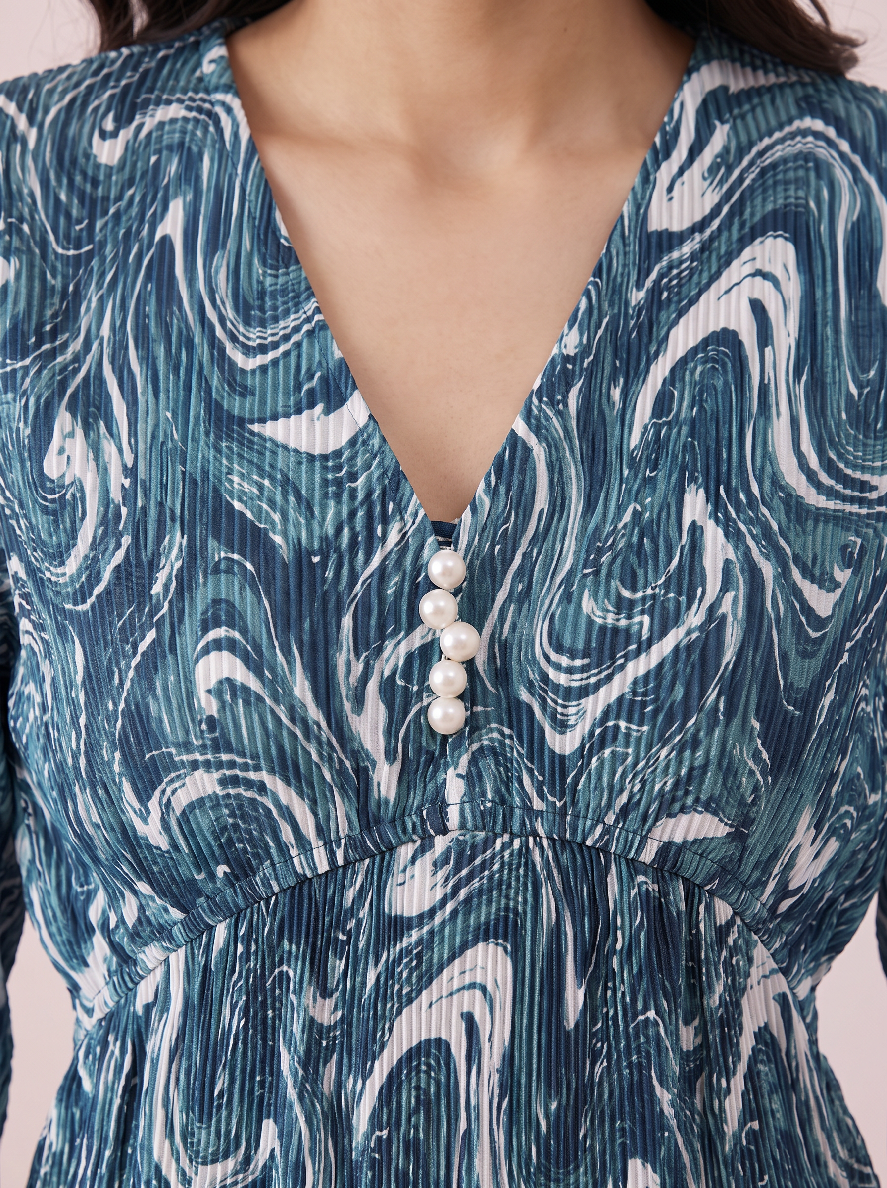 Ocean Wave Pleated V-Neck Top