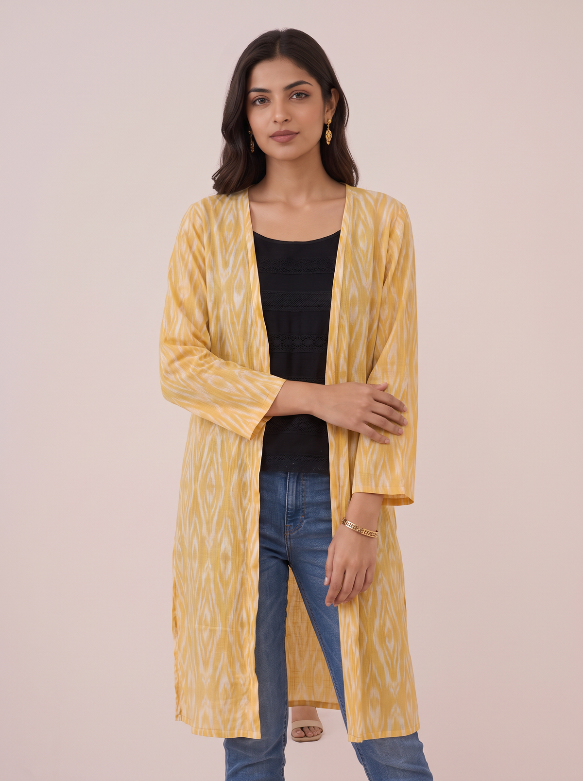 Sunlit Ochre Geometric Open-Front Midi