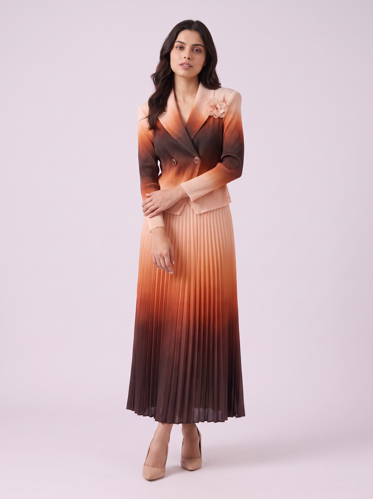 Ombre Double-Breasted Pleated Dress
