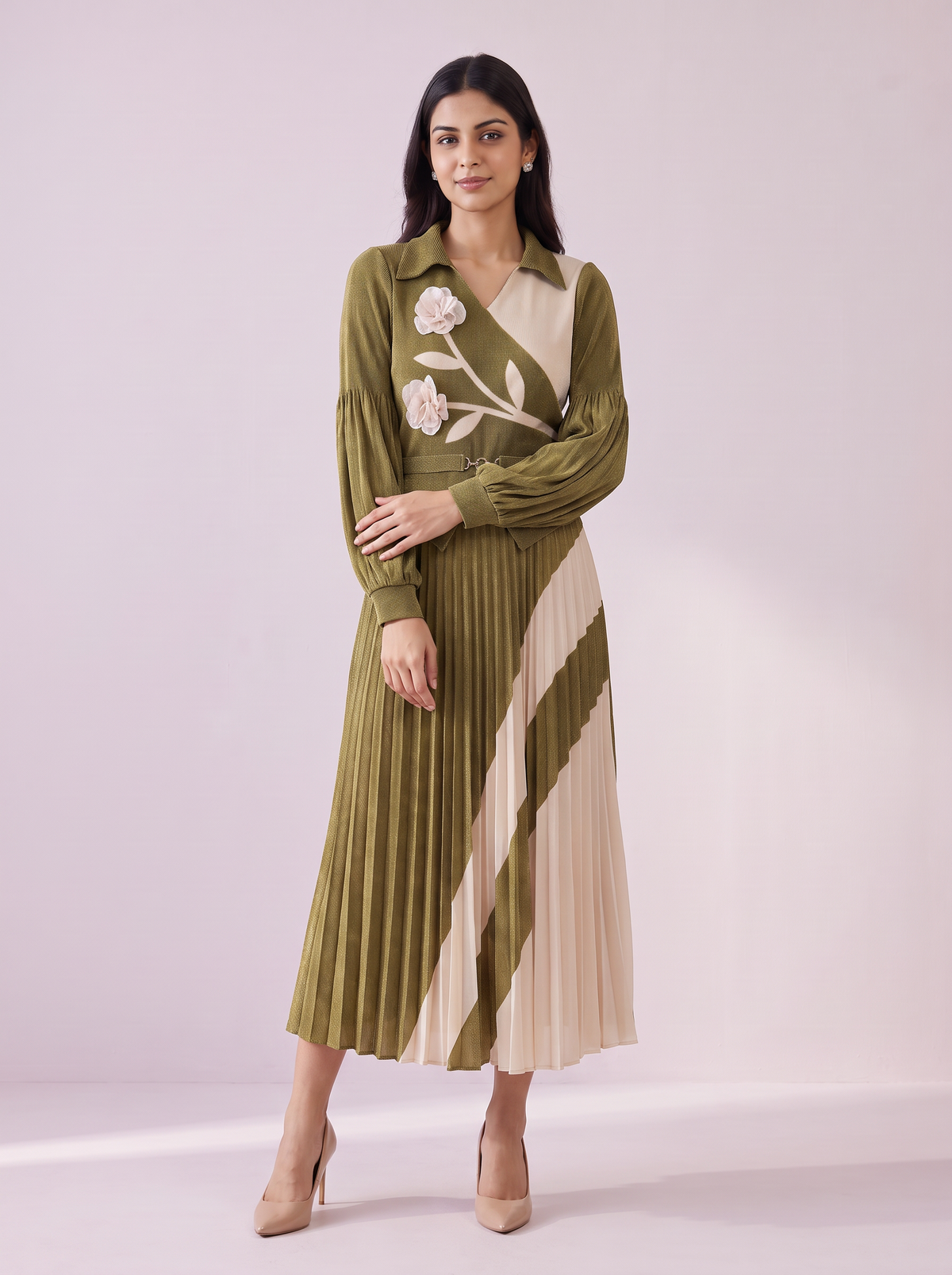 Two-Tone Floral Applique Pleated Dress