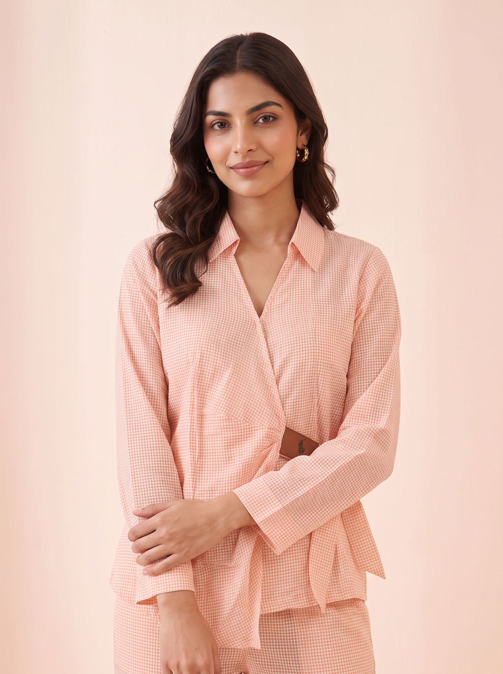 Blush Micro-Check Wrap Tunic shirt