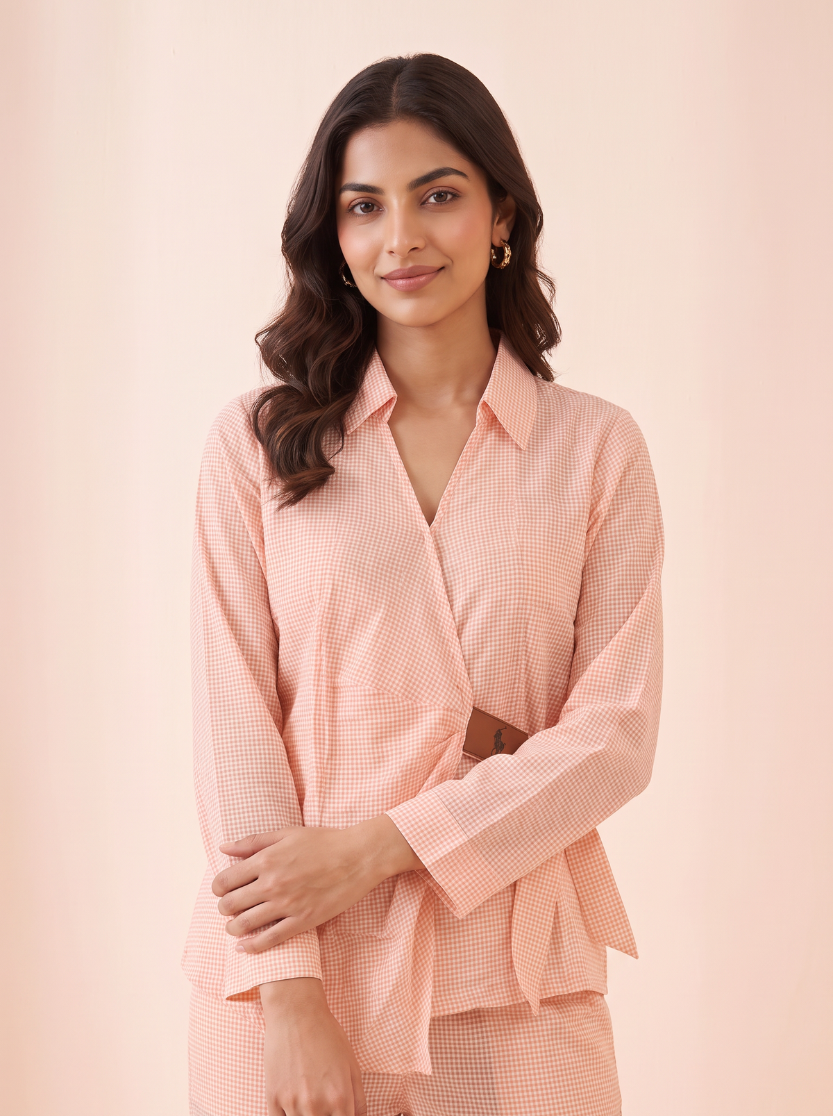 Blush Micro-Check Wrap Tunic shirt