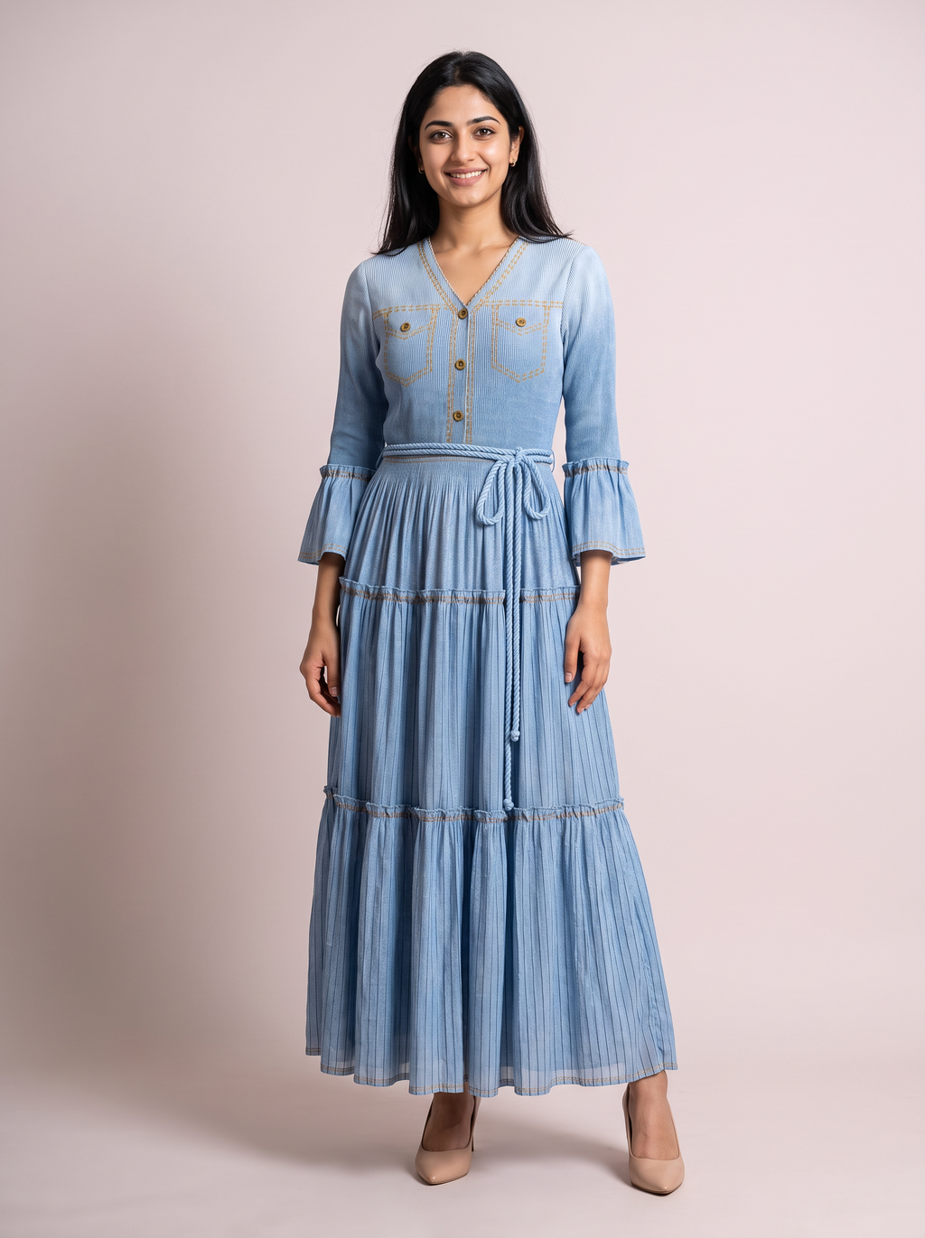 Celeste Chambray Tiered pleated Dress