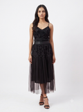 Noir Bloom Floral Appliqué Midi Dress