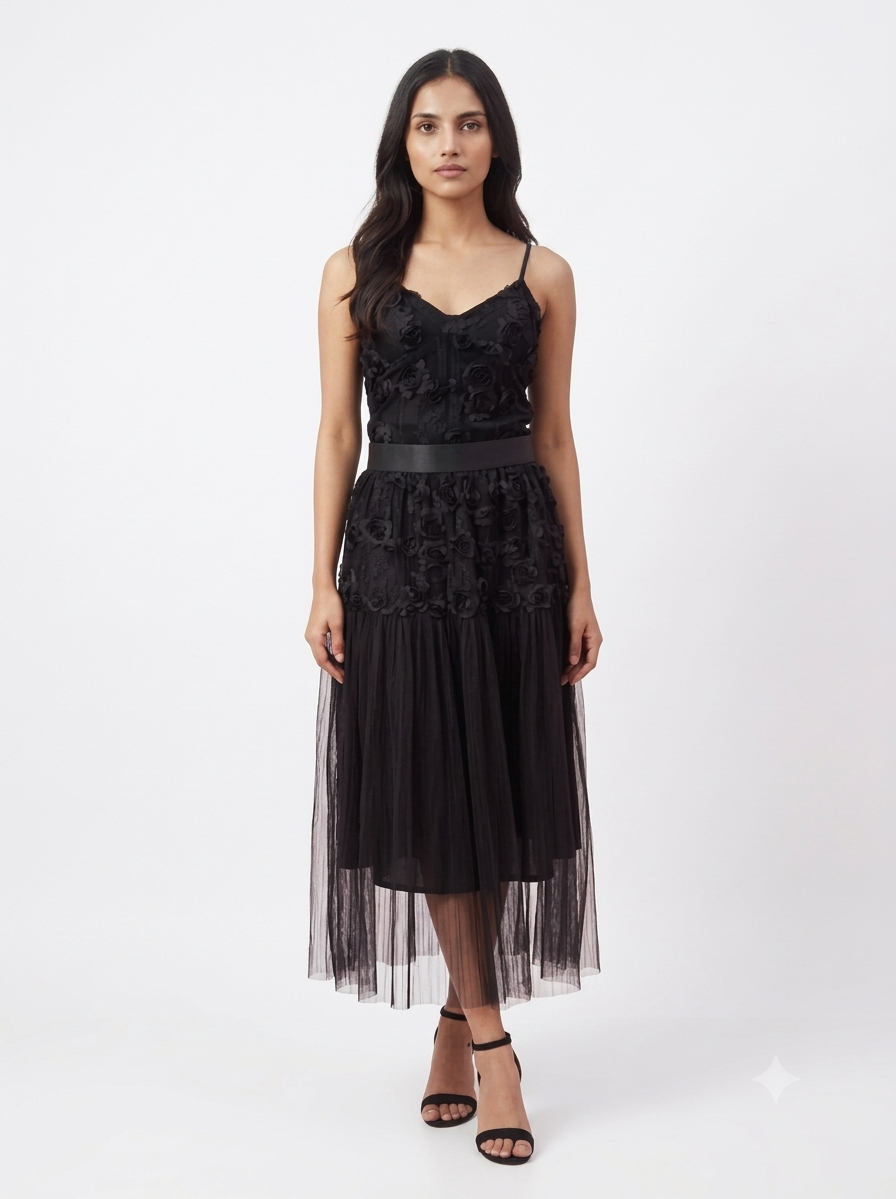 Noir Bloom Floral Appliqué Midi Dress