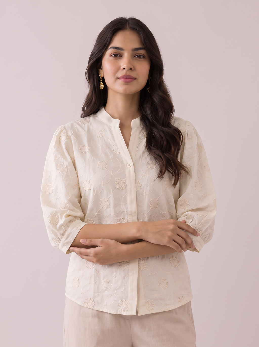 Ivory Blossom Embroidered Mandarin shirt