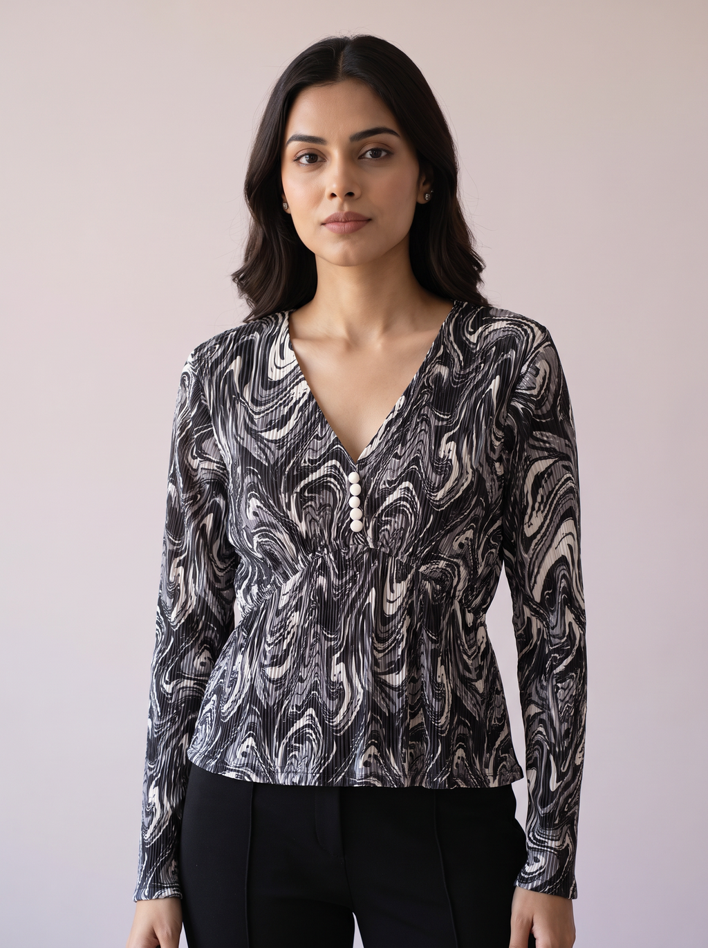 Ocean Wave Pleated V-Neck Top