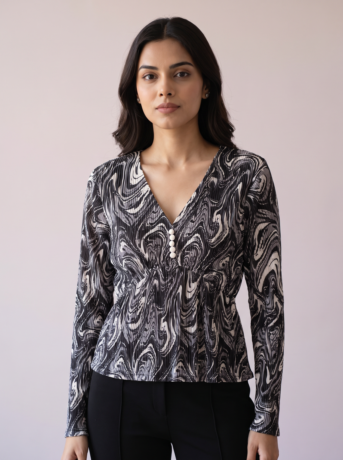 Ocean Wave Pleated V-Neck Top