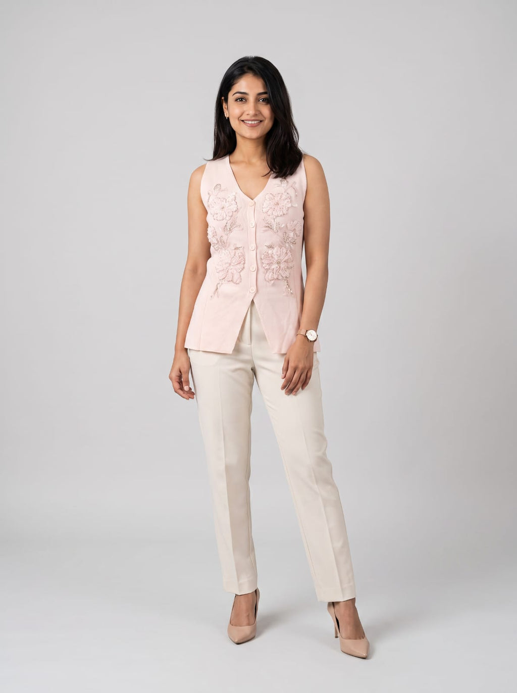Blush Floral Embroidered Tailored Vest