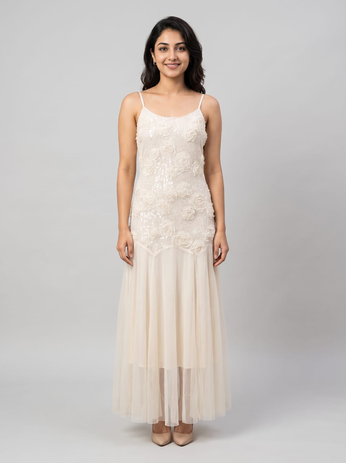 Floral Appliqué Sequin Slip Maxi Dress