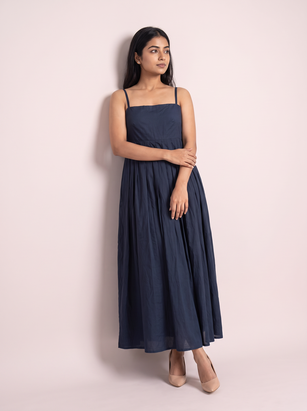 Navy Blue Pleated Strappy Maxi Dress