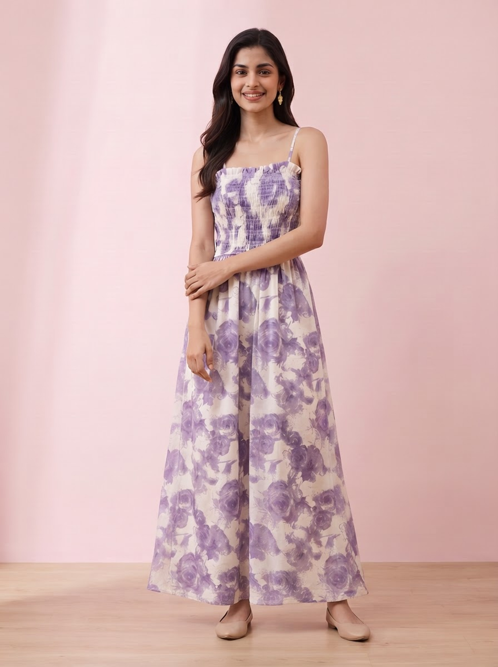 Lavender Watercolor Floral Smocked Maxi Dress