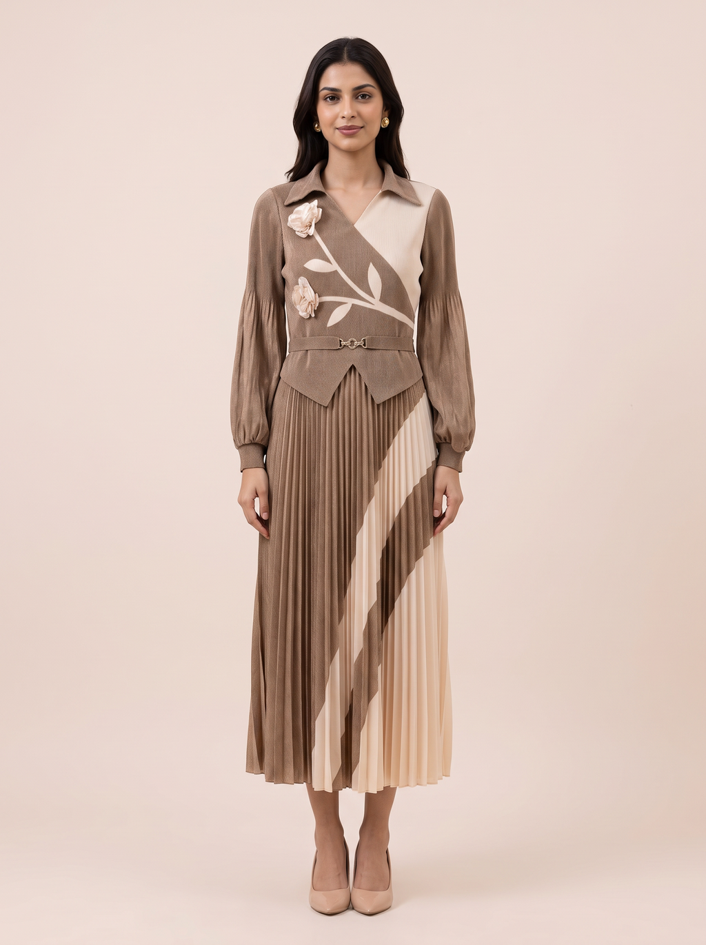 Two-Tone Floral Applique Pleated Dress