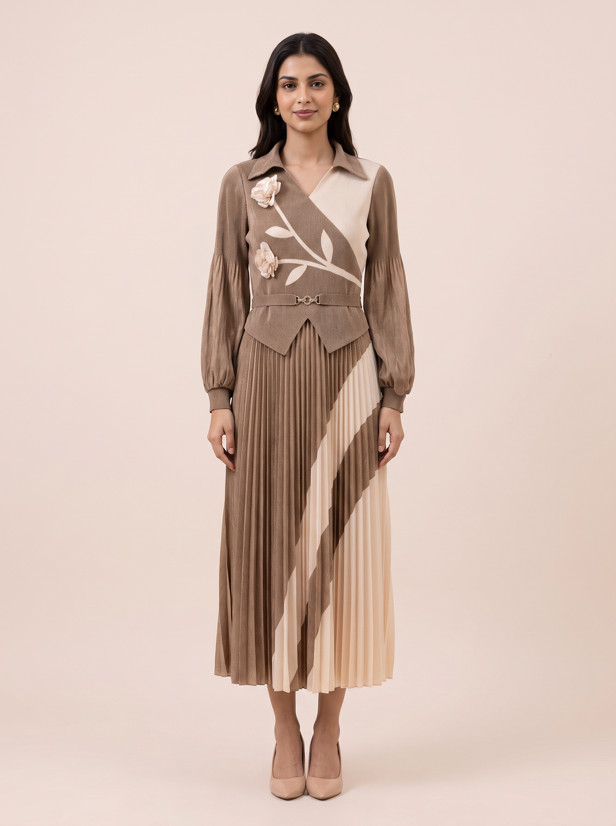 Two-Tone Floral Applique Pleated Dress