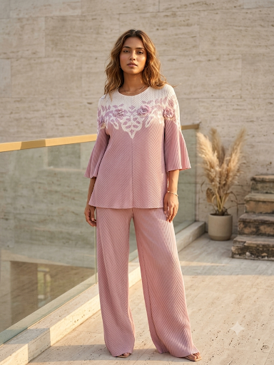 The Rosé Plissé Bell-Sleeve Co-ord Set